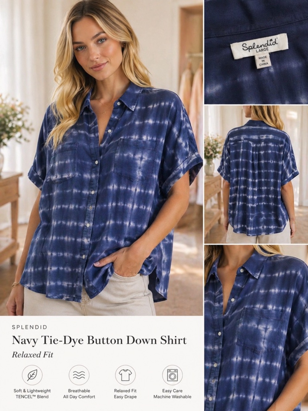 Splendid Navy Tie-Dye Button Down Shirt- Relaxed Fit